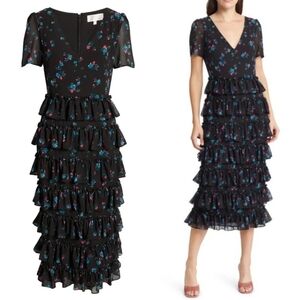 NWT WAYF The Darlene Floral Tiered Cocktail Midi Dress In Black Ditsy Medium